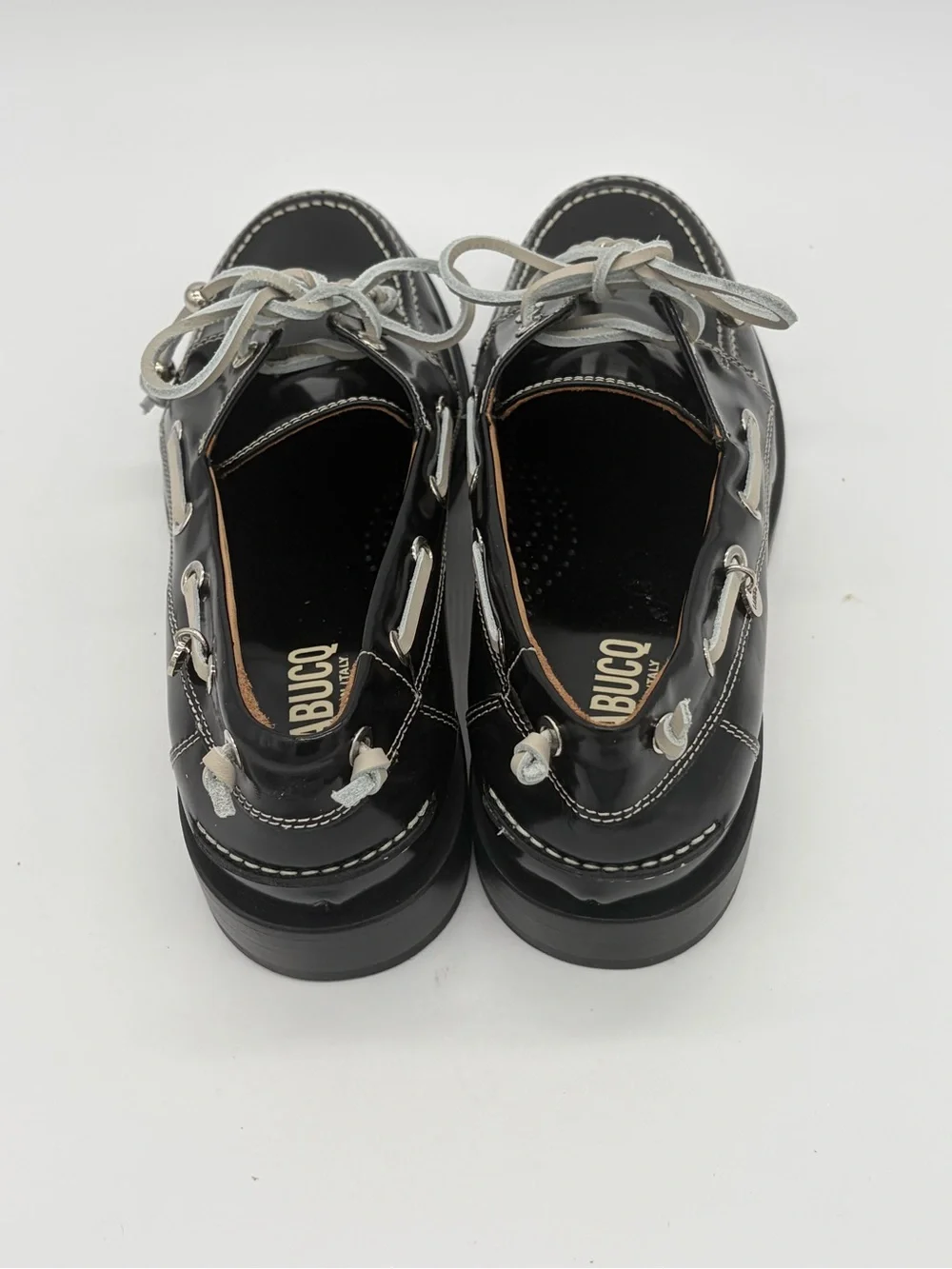 Labucq Black Patent Leather Boat Loafers with Light Gray Laces EU 39 US 9